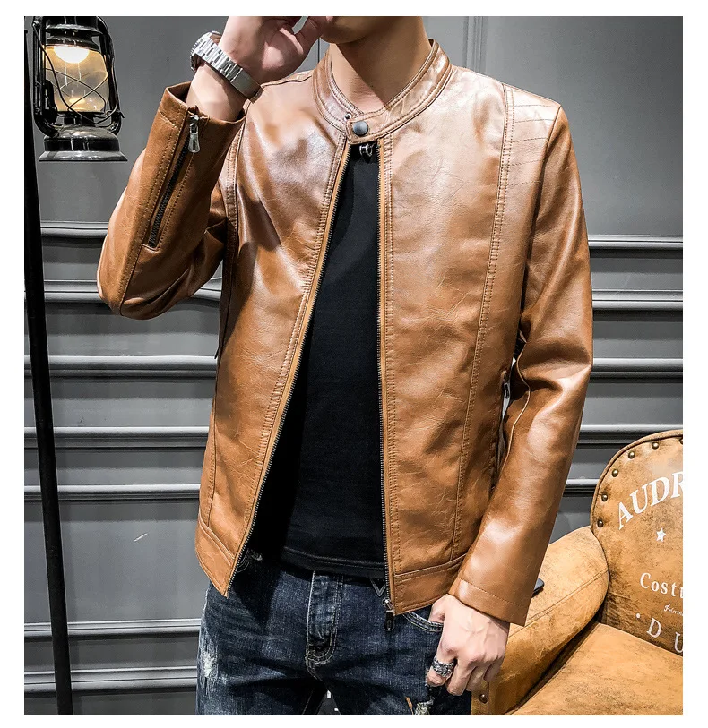 Осенний стиль, стоячий воротник, локомотив, мужской плюс бархат, искусственная кожа, пальто, Молодежная приталенная кожаная куртка, повседневная мужская одежда, модная