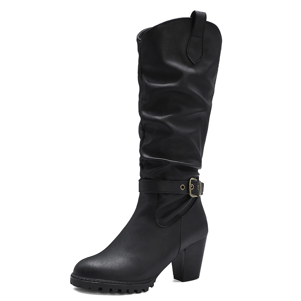 

Folded Sleeve Belt Buckle Thick Heel Mid-Calf Boots Army Green High Heel British Short Plush Thermal Boots PU Women's Shoes