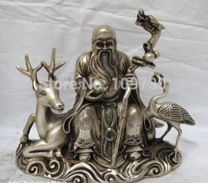 

free shipping<<< Chinese White Copper Silver Longevity God Buddha Ride Crane Deer Statue