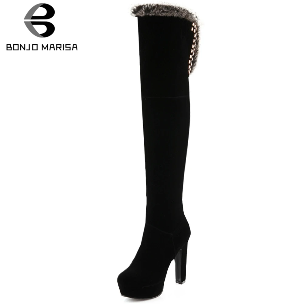 

BONJOMARISA Brand New Flock Ladies High Heels Over The Knee Boots Fashion Rivet Thigh High Boots Women Party Sexy Shoes Woman