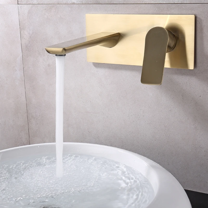 Solid Brass Wall Mount Bathroom Sink Faucet Conceal Box Valve Gold
