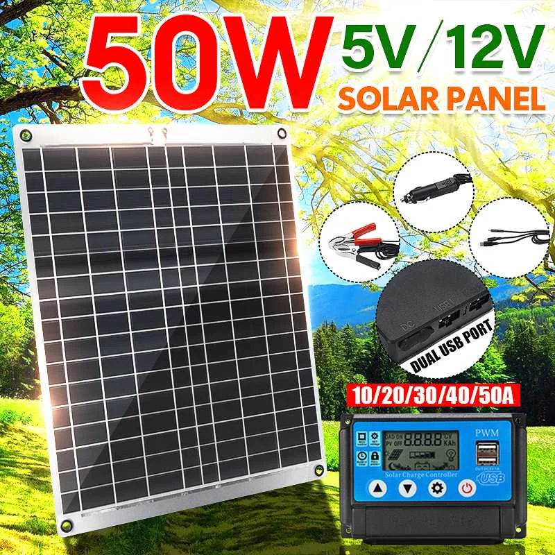 

50W 12V/5V Dual USB Solar Panel with Car Charger + 10/20/30/40A/50A USB Solar Charger Controller for Outdoor Camping LED Light