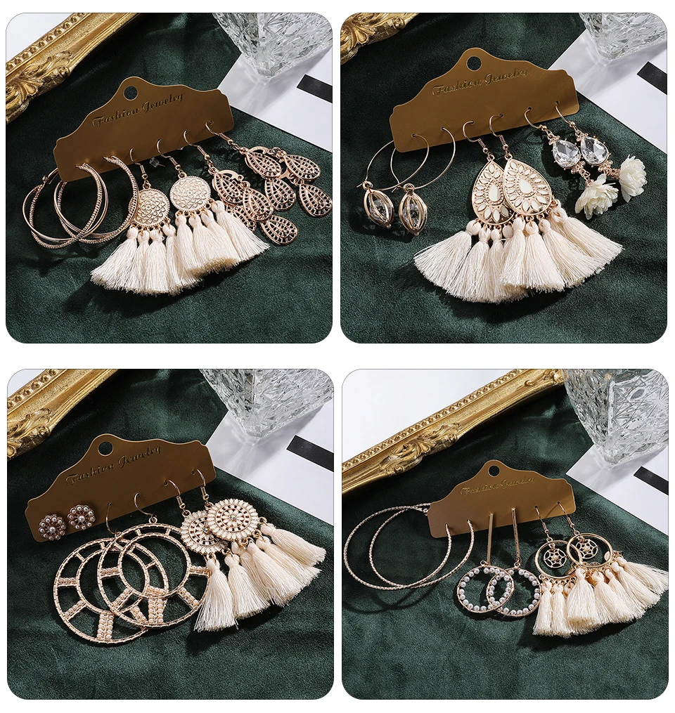 2020 Boho Big Round Circle Beige White Tassel Earrings Set For Women Ethnic Vintage Bohemian Fringe Earring Bride Wedding Jewelry Accessories Wholesale Dropshipping (2-1) (5)
