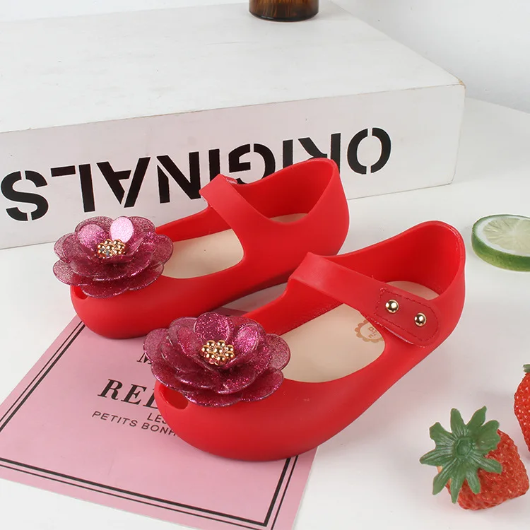 Милые мини-сандалии с цветами для девочек; Новинка года; прозрачные сандалии с кристаллами; мягкие удобные модные детские сандалии ярких цветов; размеры 24-29 - Цвет: Красный