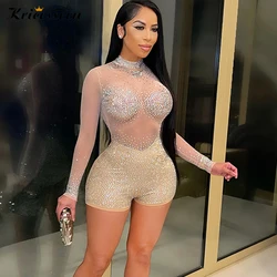 Kricesseen Sexy Diamond Crystal Skinny Short Jumpsuit Women New Stand Long Sleeve See Through Playsuit Night Clubwear Rompers