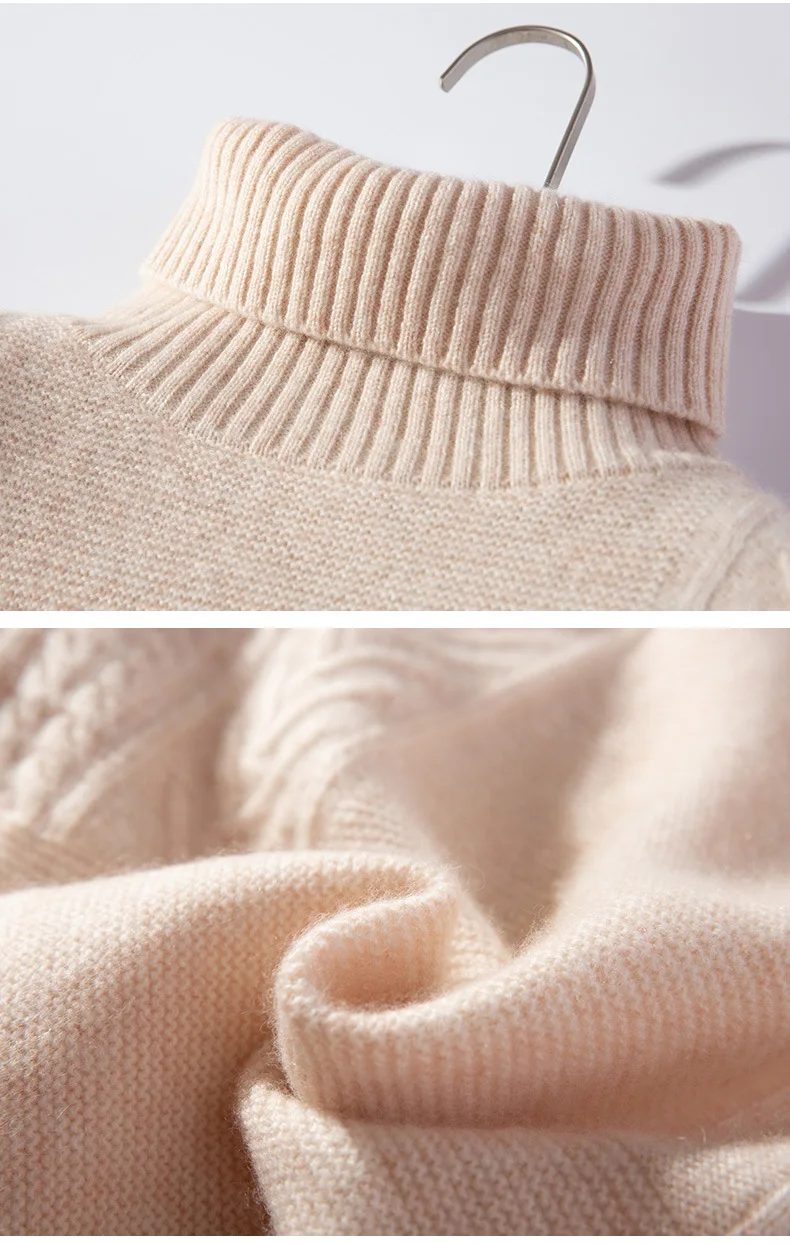 High Fold-down Collar Sweater Women's Loose-Fit Pullover Long-Sleeve Base Sweater Cable-Cool Mid-length Cashmere Sweater