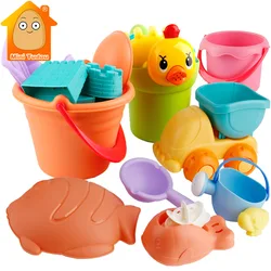 Jouets de plage en Silicone doux pour bébé, sac en filet pour enfants, ensemble de jeu de bain, chariot de plage, seau, moules de sable, jeu d'eau 