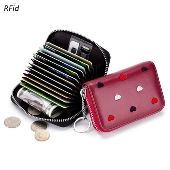 

New Hearts Embroidered Women Coin Purse Genuine Leather Square Zipper Travel Organizer RFID Card Holder Small Wallet Clutch Bag