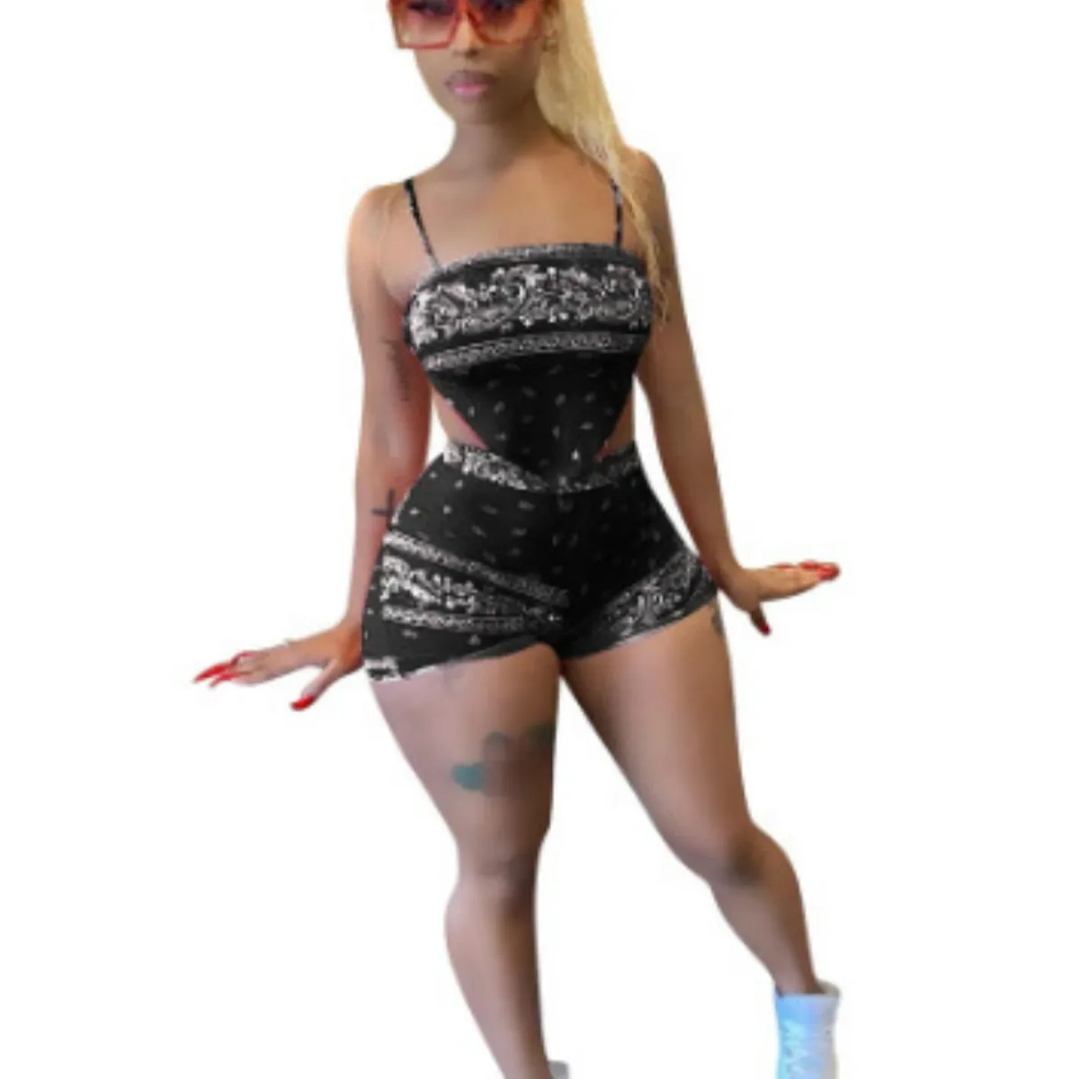 

Брючные костюмы 2021 года, Женский брендовый костюм с квадратным воротником, модные повседневные спортивные шорты без рукавов с принтом в европейском и американском стиле, костюм-двойка