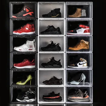 

Transparent Plastic Shoes Organizers with Door Basketball Shoe Cabinet Storage Box Stackable Showcase Space-saving Shoe Box