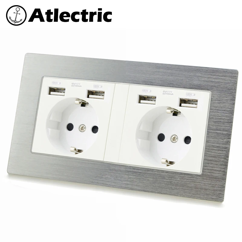 

Atlectric DE EU Plug Wall Socket LED Indicator Dual USB Port Power Adapter Double Socket Home Outlet Metal Panel 146mm*86mm