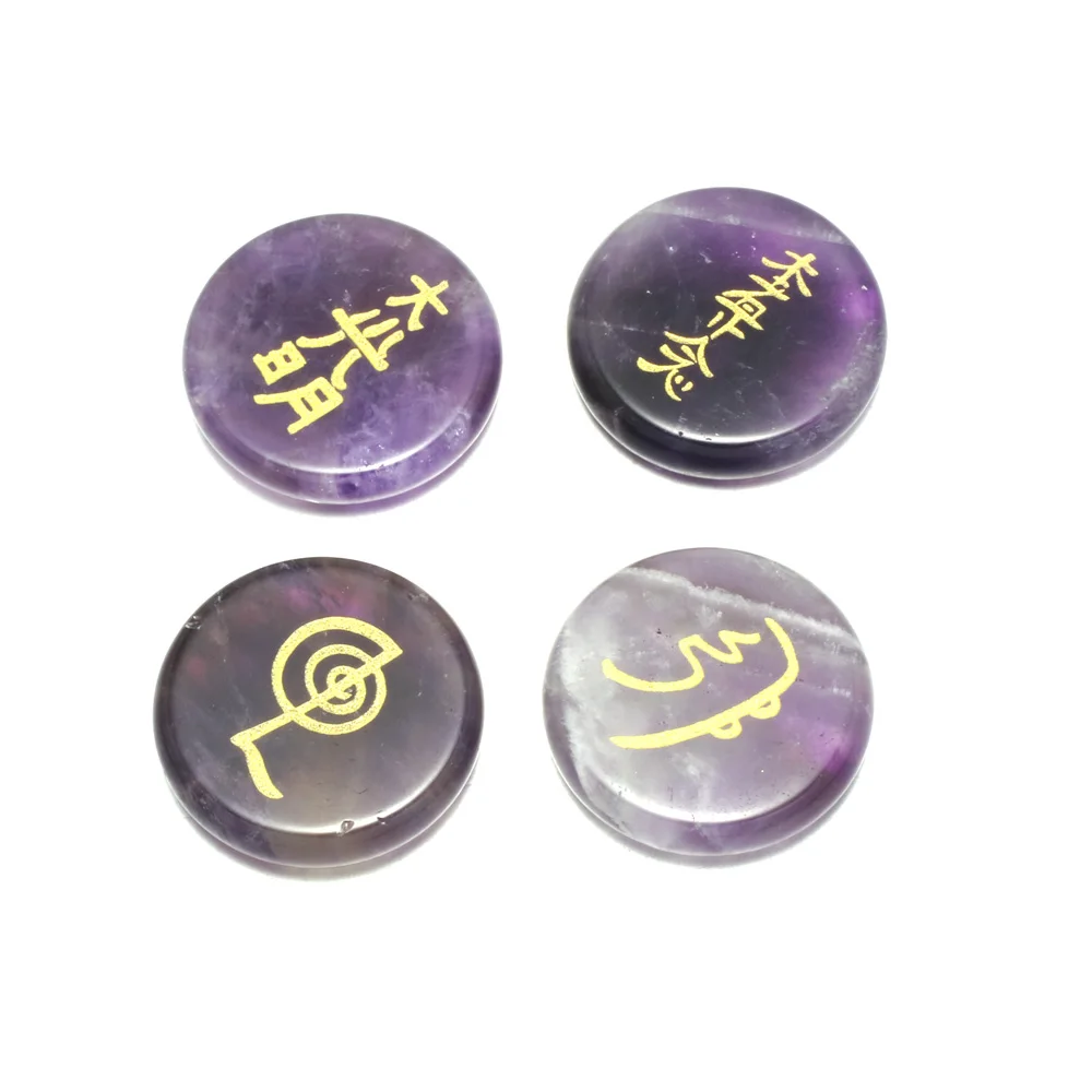 4 PCS Chakra Stones with lapis lazuli Engraved Symbols Round shape Polished Palm Stone Reiki Crystal Natural Divination Stone