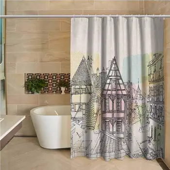 

German Precision Custom Shower Curtain Historic Traditional Scene Nuremberg Germany Classical Timber Houses Illustration Modern