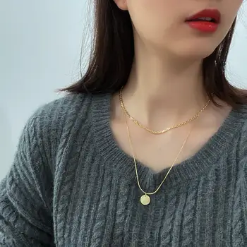 

Authentic 925 Sterling silver Golden Double Rows Layered necklace choker Disc Coin Pendant Fine Jewelry TLX848