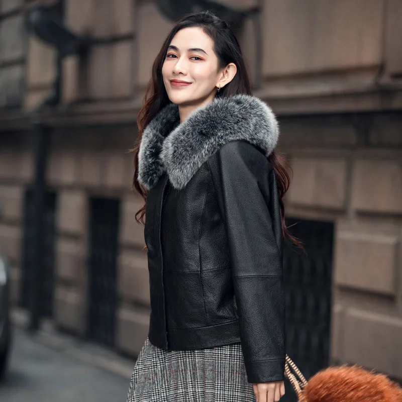 New Genuine Leather Down Jacket Women Short Korean Autumn Winter Sheepskin Coat Female Jacket Real Fox Fur Collar 910