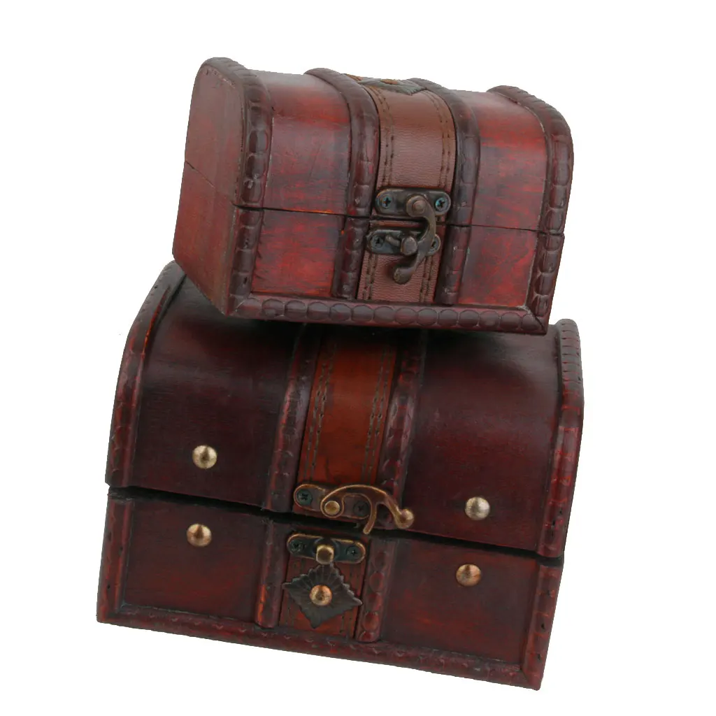 2 Pcs Small Big Set Vintage Wooden Treasure Chest Necklace Bracelet Earrings Holder Storage Box Jewelry Packaging 