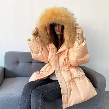 

Hooded Fur Collar Long Winter Jacket Women Loose Drawstring Waist Womens Winter Jackets And Coats Thicken Warm Snow Coat C6587