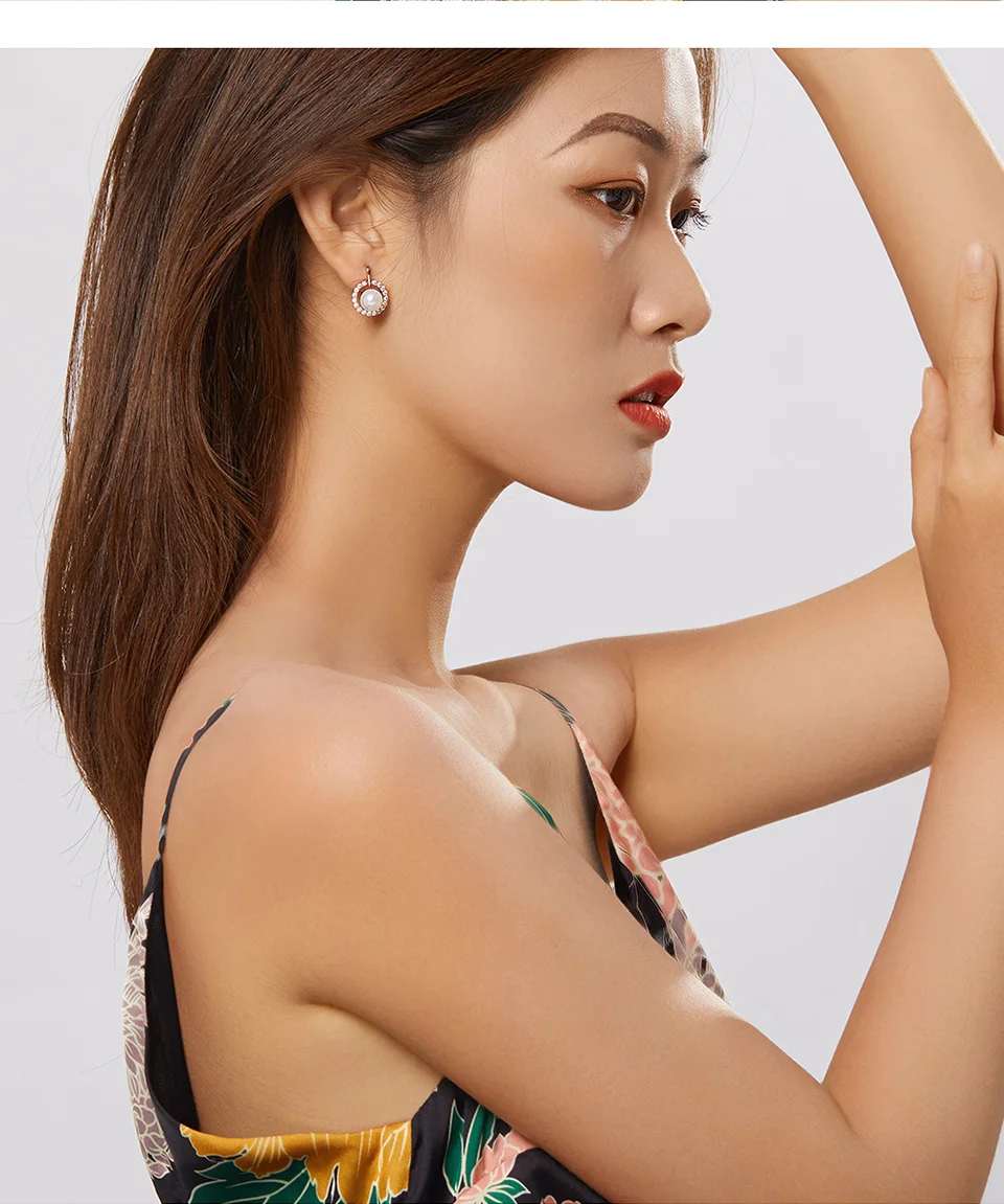 VOROCO Real 925 Sterling Silver Stud Earrings Rose Golden Elegant Pearl Circle Earrings Fine Jewelry Wedding Engagement BNE298