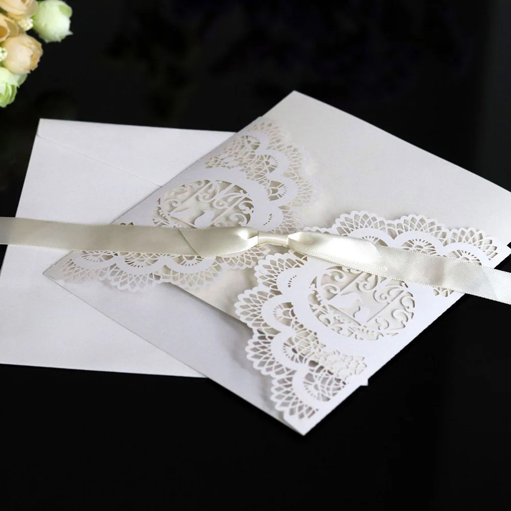  10pcs Luxury Elegant Flora Paper Envelopes Laser Cut Wedding Invitations Card With Ribbon Customize - 4.00027E+12