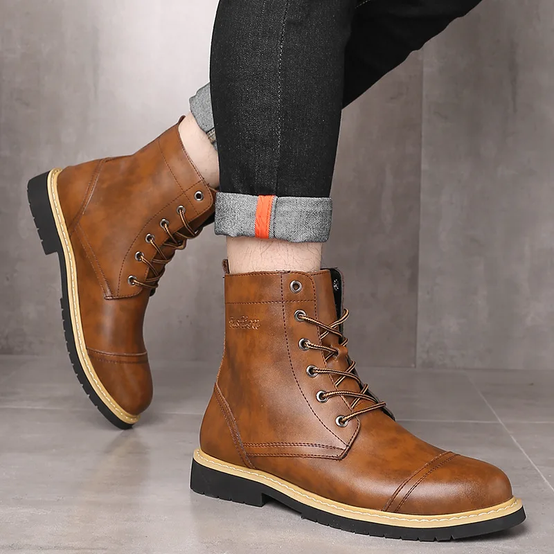 Merkmak/ г. Мужская обувь модные кожаные ботинки с высоким берцем на шнуровке ботинки в байкерском стиле на нескользящей подошве теплые мужские ботинки большого размера