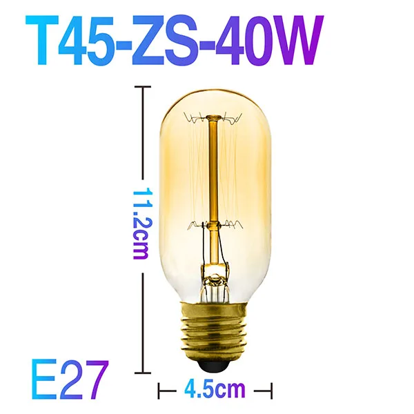 T45ZS 40W E27 Винтажная лампочка эдисона E27 AC 220V лампа накаливания в художественном и художественном стиле, теплая желтая лампа накаливания, подходит для украшения дома бара - Цвет: T45ZS 40W E27