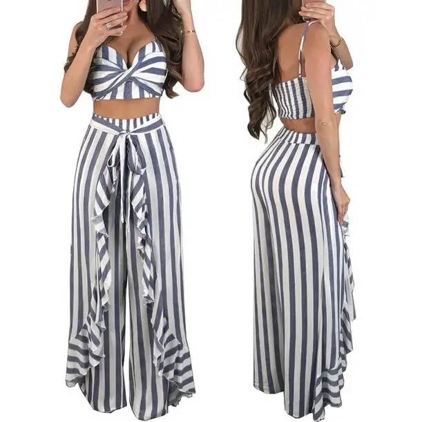 Special Design 2019 New Popular Harajuku Style 2 piece Women Set Striped Ruffle Strapless Belt Long Loose Pants DW419 | Женская одежда