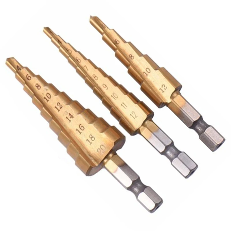 Горячая XD-3Pc Hss шаг конус сверло набор металлическое отверстие резак метрический 3-12 4-12 4-20 мм 1/4 дюйма с титановым покрытием металлический шестигранный конус