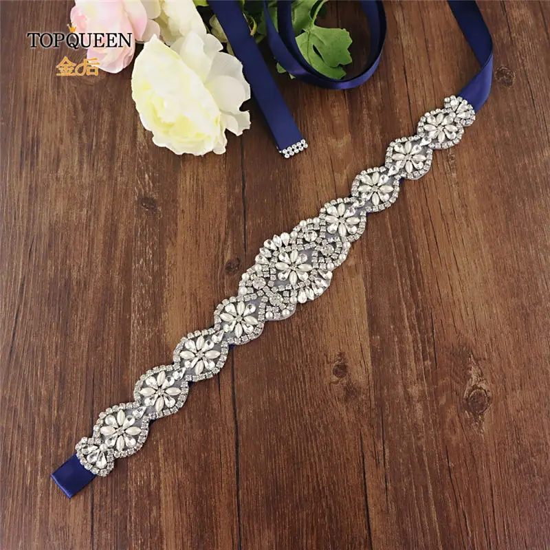 navy blue TOPQUEEN S161 жемчуг свадебный пояс Лента Свадебная со стразами Серебристые Стразы Атлас алмаз свадебный пояс для свадебного платья Пояс - Цвет: navy blue