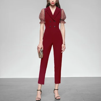 

Seifrmann Designer Summer Red Women Fashion Office Jumpsuits Notched Double Breasted Mesh Lantern Sleeve Slim Jumpsuit