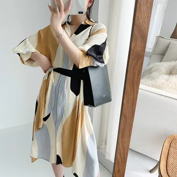 

Lace up print women dress 2020 spring summer new Three Quarter Sleeves loose lady dress