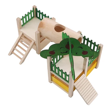 

Hamster House Shelter Natural Wooden Rat Playground Activity Platform Villa With Pipe Fence Ladder Roof