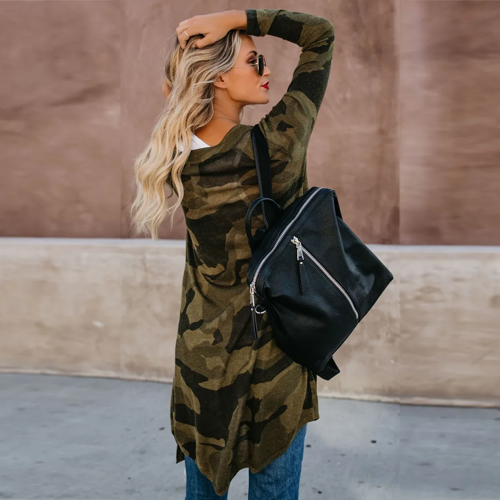 Ideal Womens Long Cardigan Camouflage Long Sleeve Coat Parka Outerwear L0820