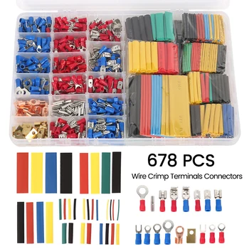 

678pcs Heat Shrink Tube Sleeving Kit Wire Crimp Terminals Connectors Wire Electrical Terminals Crimp Connectors with Plastic Box