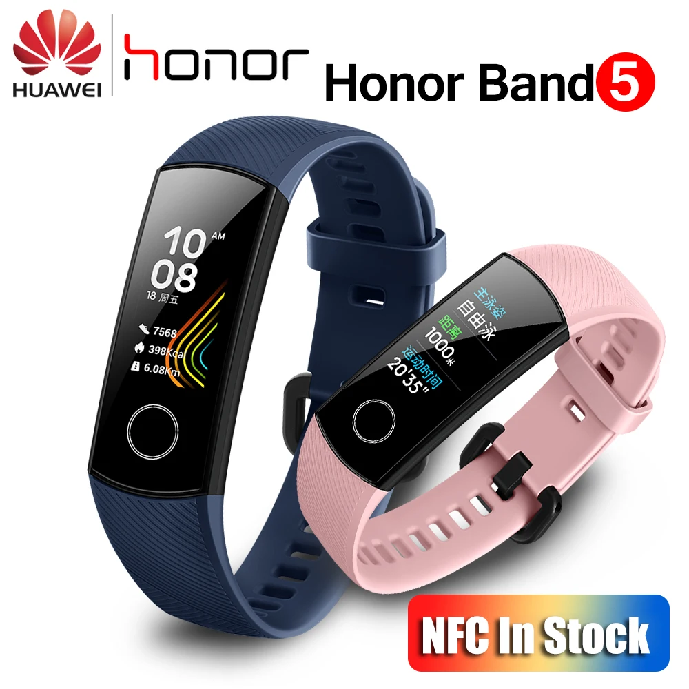 Huawei Honor Band 5 с NFC смарт-пульсоксиметром цветной экран плавучий ход Обнаружение монитор сердечного ритма во время сна Honor Band 5 синий розовый