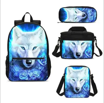 

Fashion Wild Wolf 3D Printing 4 Pcs Set Kids Animal Backpack Child School Bag Student Bag Book Bags Girls Boys Teenage