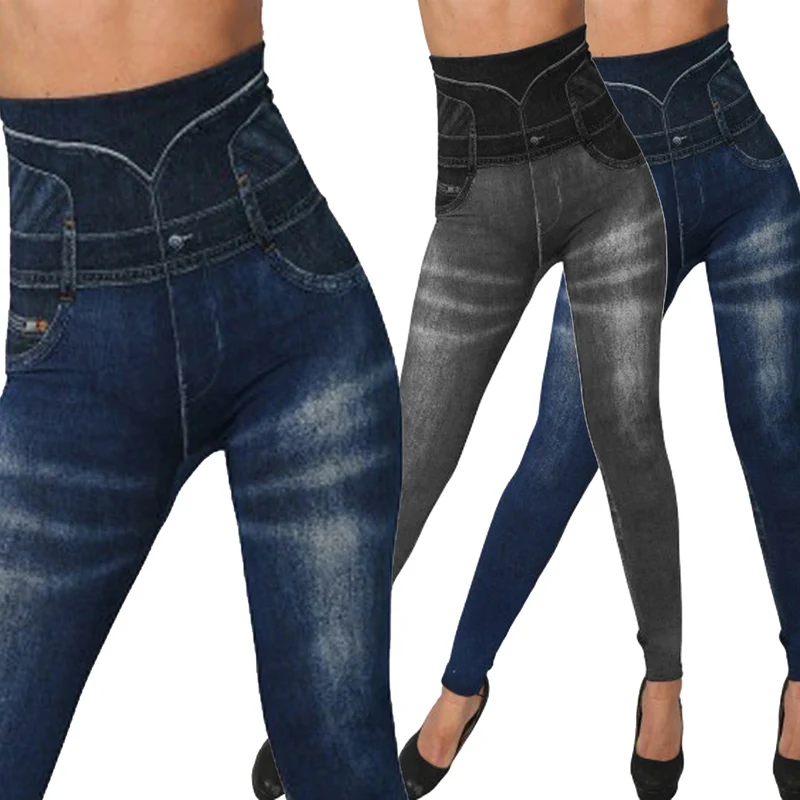 

High Waist Imitation Jean Leggings Slim Elastic Seamless Plus Size 3XL Skinny Pencil Pant Female Workout Running Leggings