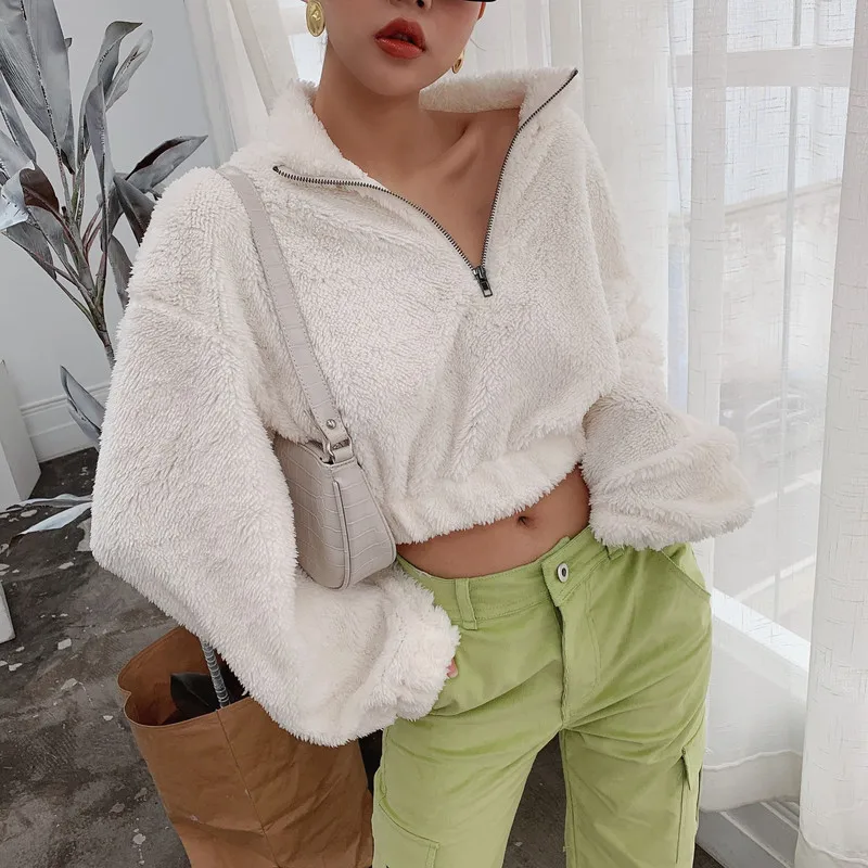 Women Winter Autumn Lambs Wool Warm Pullovers Zipper Long Sleeve Cropped Tops Female Loose Casual Sweatshirts Outwear | Женская одежда