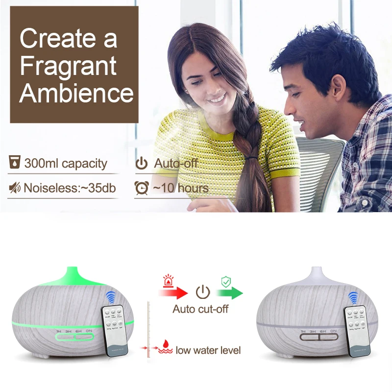  300ML Air Humidifier wood Diffuser Remote Control Aroma Aromatherapy Essential Oil Diffuser Ultraso