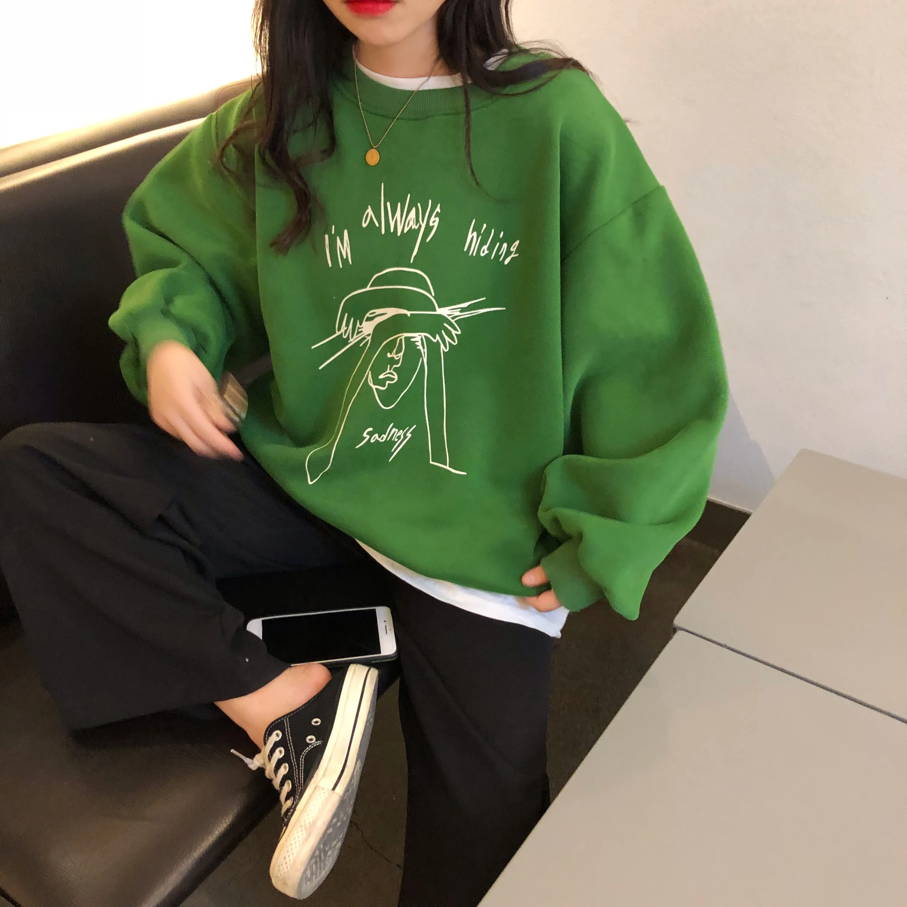 

Korean Women's Clothing Autumn Spring 2020 New Round Neck Abstract Character Printing Loose Hoodies Sweatshirts Women Tops 238G