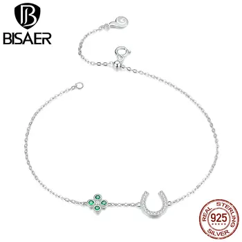 

BISAER Lucky Horseshoe Bracelets 925 Sterling Silver Crystal CZ Chain Link Femme Bracelets for Women Sterling Silver Jewelry