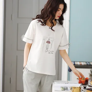

Combed Cotton Pajamas Female Summer Cartoon Cute Bourette Comfortable Cropped Pants Homewear Set Short Round Neck