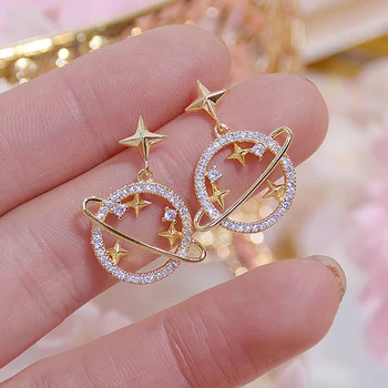 Korean New Arrive Hollow Moon Star Women CZ Earrings High Quality 14K Real Gold Stud Earring Wedding Jewelry Pendant Accessories