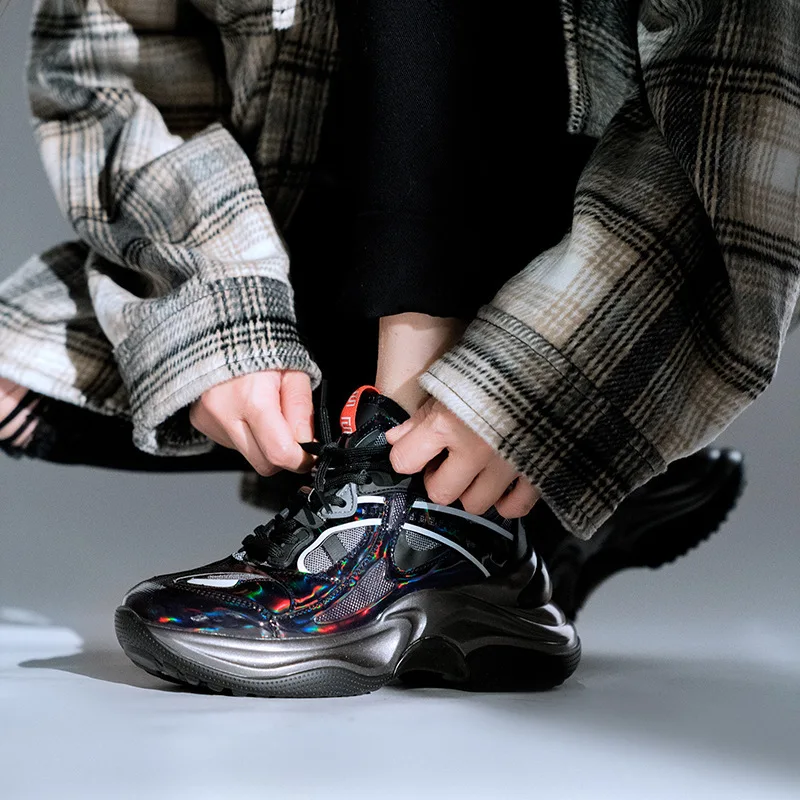 

Fashion Contrast Color T Stage Catwalks Athletic Shoes 2020 Spring And Autumn New Style Genuine Leather Running Shoes Thick Bott