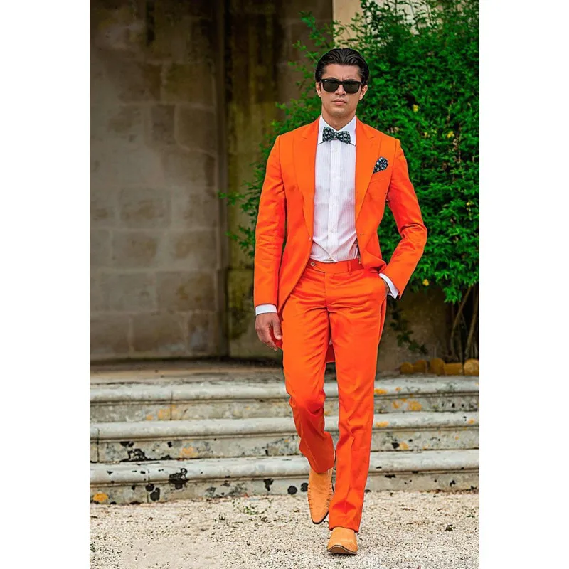 205 2017 Sunshine Energetic Orange Tailcoat Peaked Lapel Groom Tuxedos Slim Fit Men's Wedding Dress Holiday Prom Clothing(Jacket+pants)