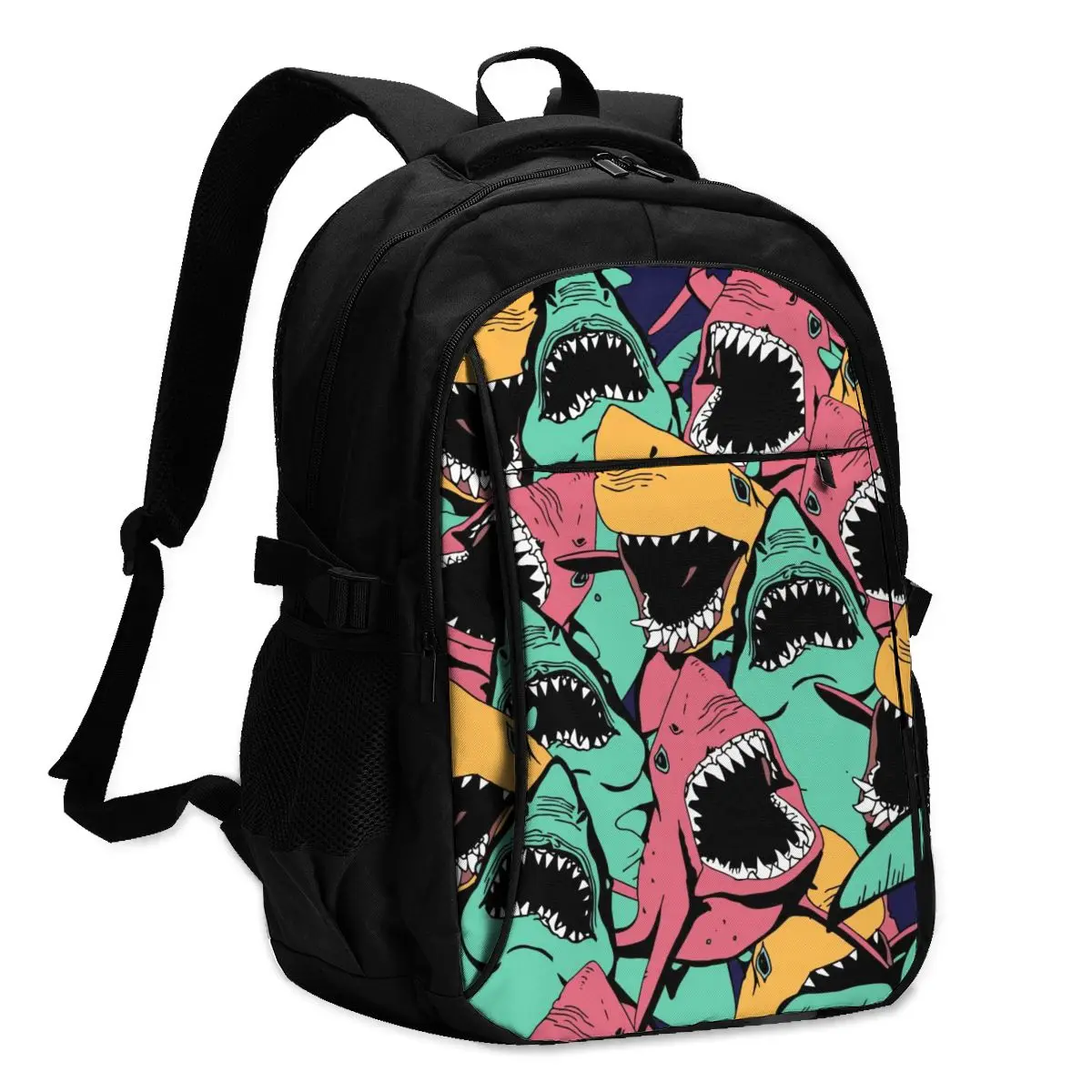 Backpack USB Charge Women Colorful Angry Shark With Open Mouth Student
