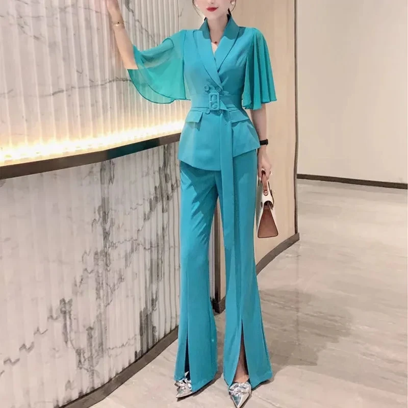 2021 Vrouwen Zomer Tweedelige Set Chiffon Korte Mouwen Effen Blazer Coat  Tops Blouse + Lange Split Flare Broek Broek lady Suits|Pant Suits| -  AliExpress