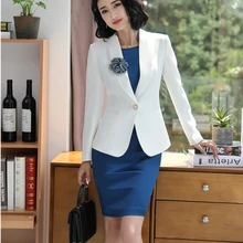 Формальные женские деловые костюмы с пиджаками и платьем весна осень профессиональные блейзеры с корсажем и поясом для дам Рабочая одежда