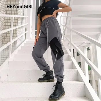 

HEYounGIRL Patchwork Chains Harajuku Cargo Pants Women Casual Harem Pants Capirs Elastic High Waist Long Trousers Ladies 2020