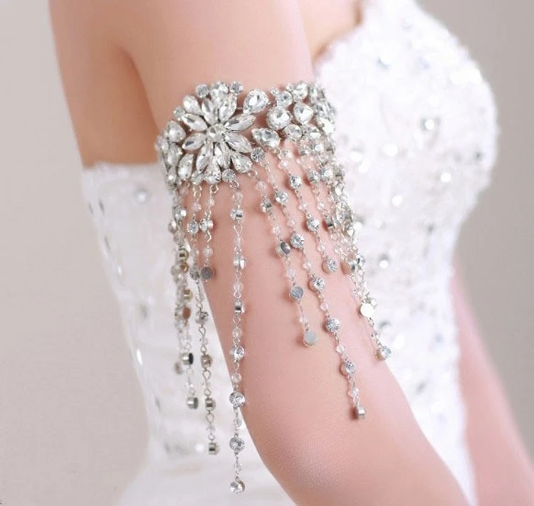 Pulsera de diamantes de imitación con borla larga para novia, brazalete de cristal, joyería, cadena el brazo, accesorios vestido de boda, pulsera con estilo|Pulseras de amuleto| - AliExpress