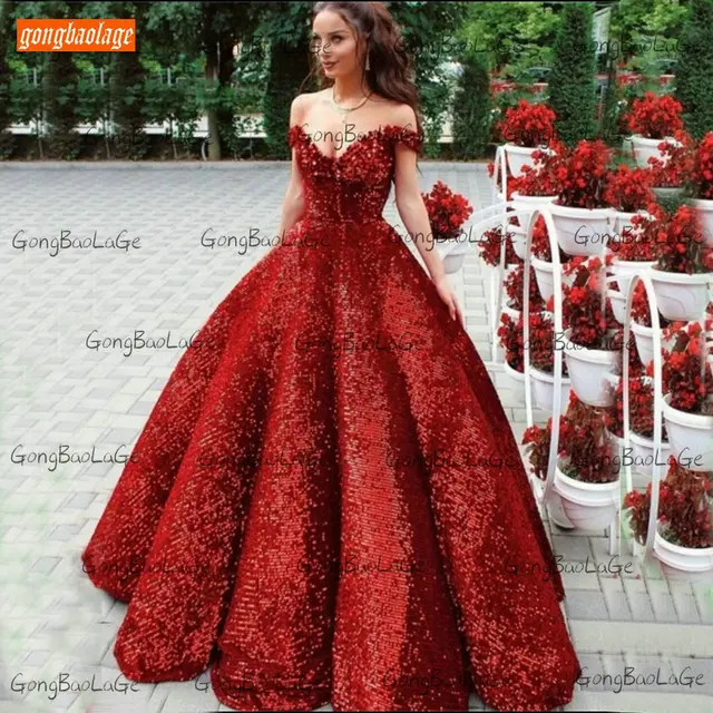 $US $188.30 Sparkly Red Wedding Dress Lace Up Ball Gown 2021 Robe De Mariée Off Shoulder Bridal Gowns For Women Custom Made Vestido De Noiva